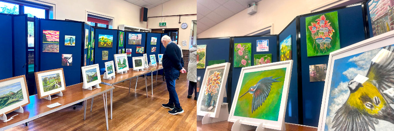 Pictured left: Fellow residents and locals enjoy looking at Phil’s paintings, which depict verdant meadows and lush rolling hills. Pictured right: Phil’s paintings offer a vast array of colourful birds, striking flora and bucolic landscapes