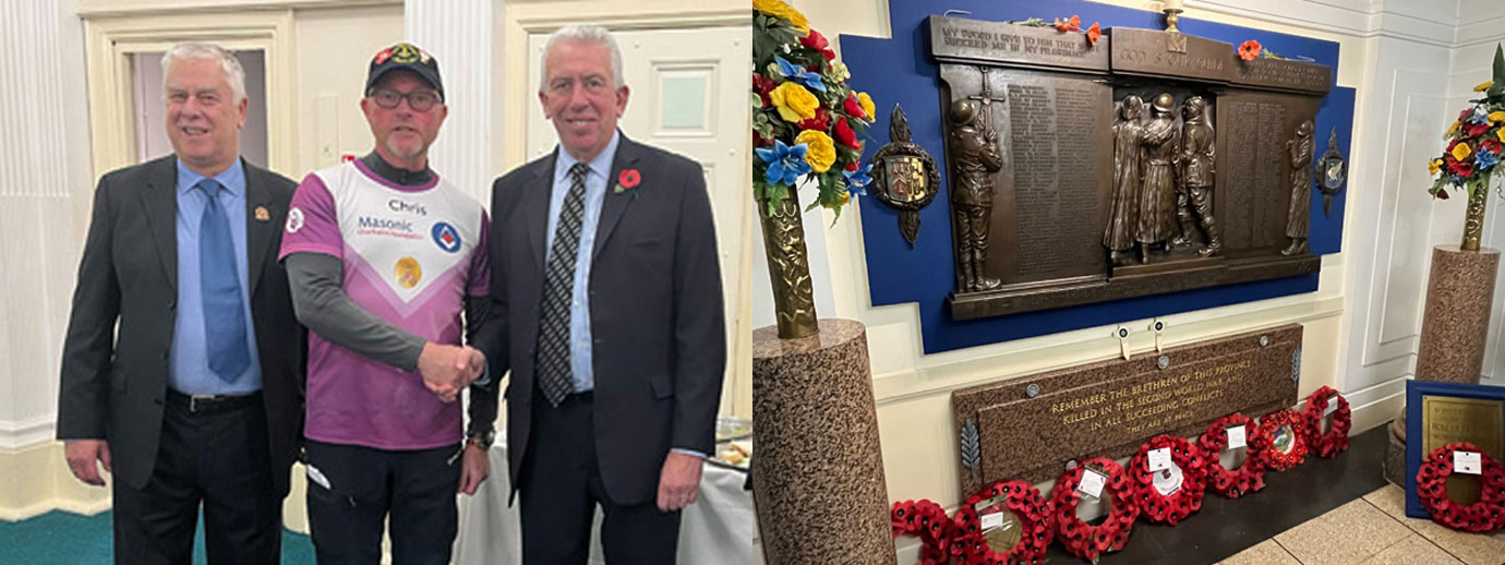 Pictured left from left to right, are: Dave Johnson, Chris Jones and Mark Matthews. Pictured right Wreaths laid at the memorial in Liverpool Masonic Hall foyer.