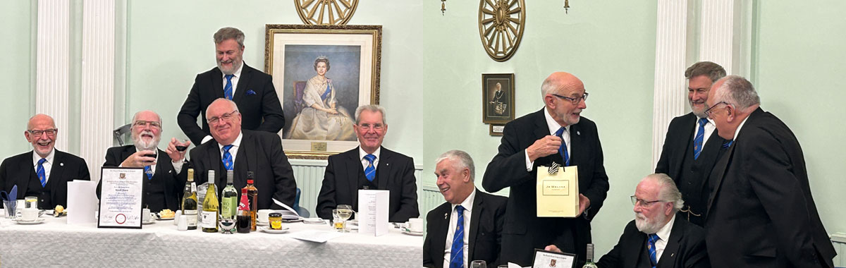 Pictured left from left to right, are: John James, Ron James, Ray Fitzsimmons and Glyn Pine, In the background: Dave Boyes. Pictured right: John James (standing left) receiving the gift from Ray Fitzsimmons