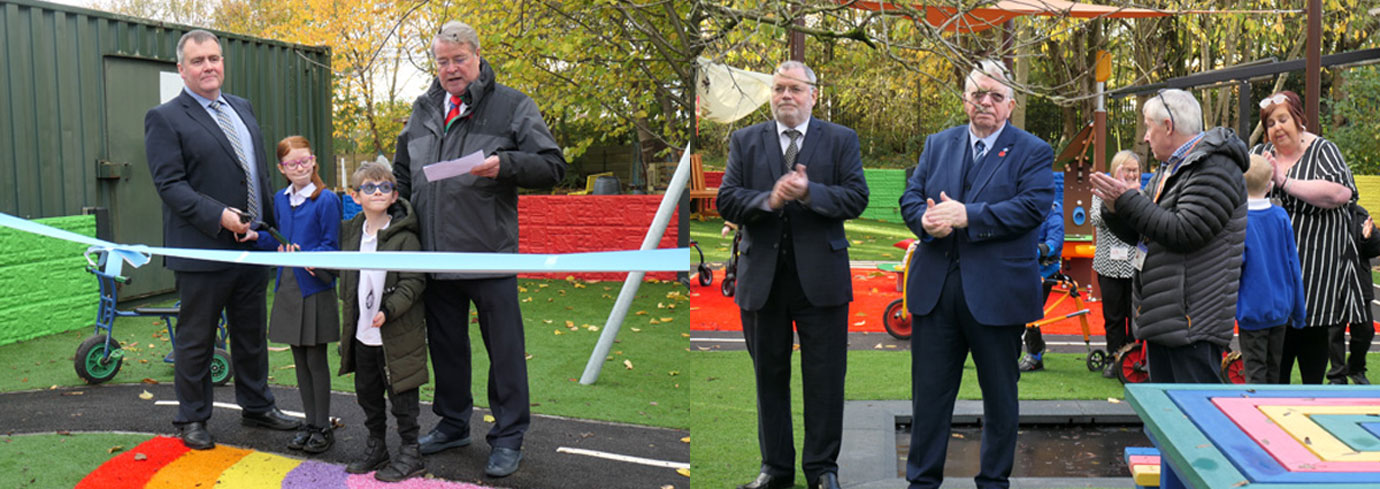 Pictured left: John Thompson (left) with pupils of the school and Mark Flett cut the ribbon. Pictured right from left to right, are: Chris Eyres, Alan Riley and Mike Cunliffe watch the ceremony. Pictured left: John Thompson (left) with pupils of the school and Mark Flett cut the ribbon. Pictured right from left to right, are: Chris Eyres, Alan Riley and Mike Cunliffe watch the ceremony.
