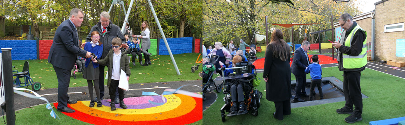 Pictured left: Job done! Pictured right: John Thompson and pupils enjoy testing the Kompan Jump Square.