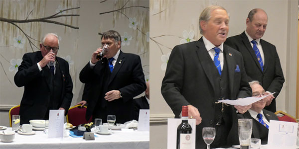 Pictured left: Peter Connolly (left) takes wine with Gordon Sandford. Pictured right: Giles Barclay (left) proposes the toast to Peter.