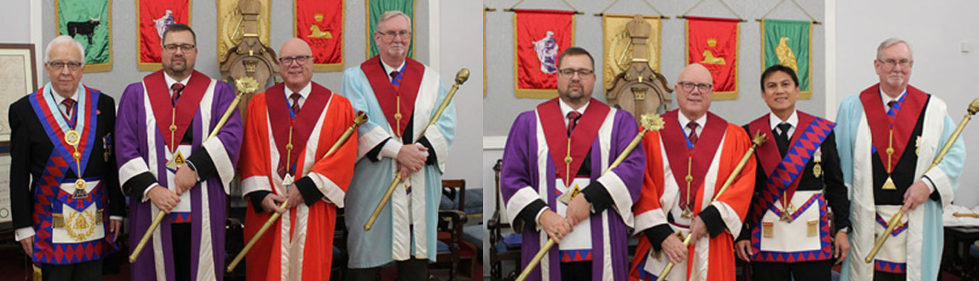 Pictured left from left to right, are: Malcolm Alexander, Graham Barker, Neil Taylor and Sandy Kean. Pictured right from left to right, are: Graham Barker, Neil Taylor with Philip Escano and Sandy Kean who had received their certificates.