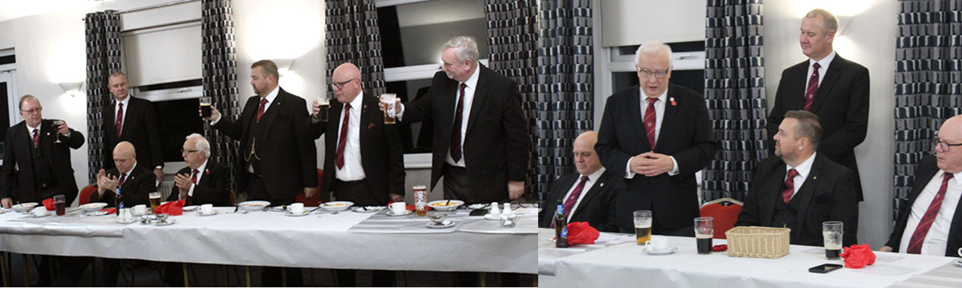 Pictured left: Three principals toasting Colin Rowling. Pictured right: Malcolm Alexander responding to his toast.
