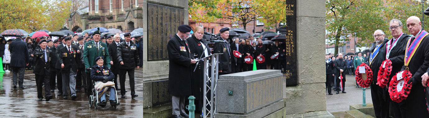Pictured left: The Parade. Pictured centre: Jimmy Williams speaks for fallen heroes. Pictured right from left to right, are:  Dave Rigby, John Brown and Dave Atkinson at the wreath laying. 