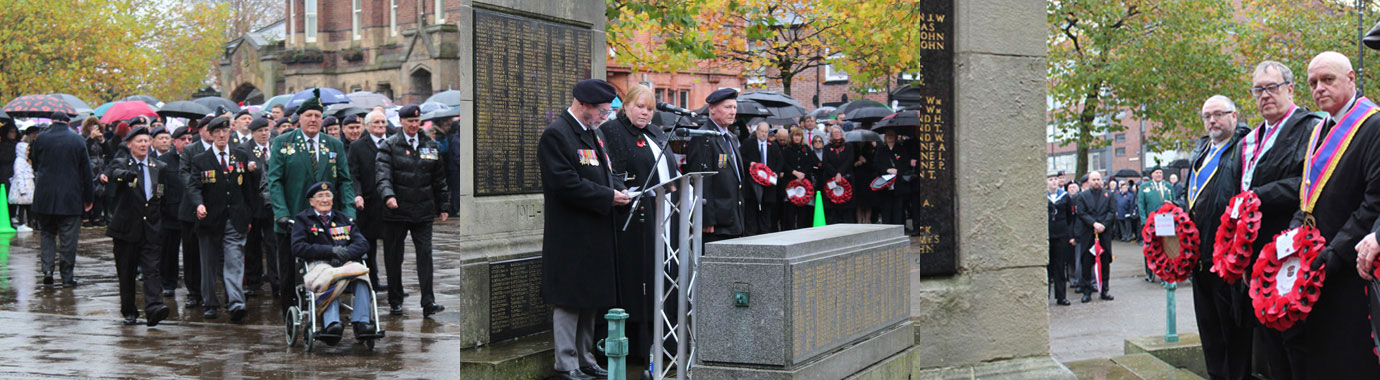 Pictured left: The Parade. Pictured centre: Jimmy Williams speaks for fallen heroes. Pictured right from left to right, are: Dave Rigby, John Brown and Dave Atkinson at the wreath laying. Pictured left: The Parade. Pictured centre: Jimmy Williams speaks for fallen heroes. Pictured right from left to right, are: Dave Rigby, John Brown and Dave Atkinson at the wreath laying.