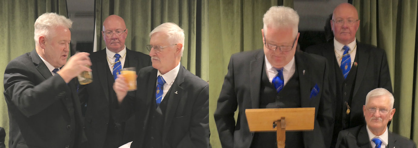 Pictured left: Peter Schofield (left) takes wine with Tommy Lunt watched by the DC Stephen Lyons. Pictured right: Peter Schofield responds to the toast.