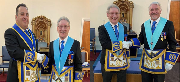 Pictured left: Malcolm Sandywell (right) being congratulated by Michael Tax. Pictured right: Bill Griffiths (right) congratulating Malcolm Sandywell.
