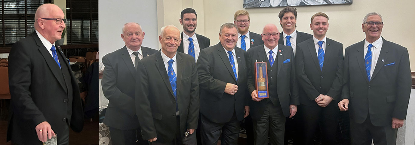 Pictured left: Mike Dutton giving a toast to members of Aughton Lodge. Pictured right: Brethren of Lathom Abbey Lodge with traveling gavel.