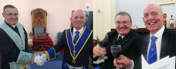 Pictured left: Brian Southworth (left) with installing master John Lewis. Pictured right: Brian (left) and John raising a glass to their health.