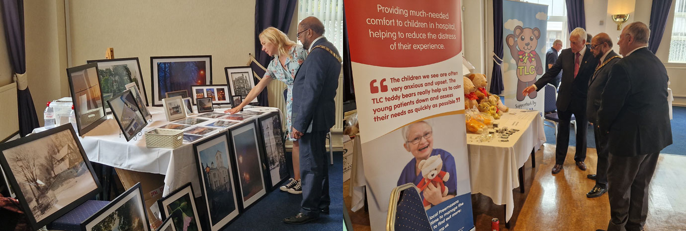 Pictured left: Councillor Yakub Patel inspecting the photography. Pictured right: Councillor Yakub Patel with Teddies for Loving Care.