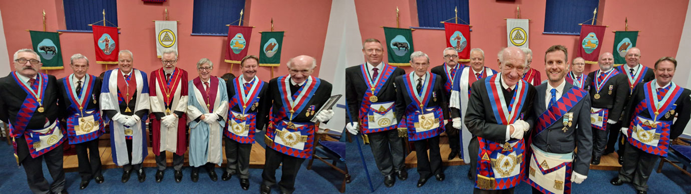 Pictured left from left to right, are: John Rimmer, Bill Huck, David Emery, John Kay, George Thornhill, Paul Hesketh and Don Richardson. Pictured right, Don (front left) welcomes Paul Street.