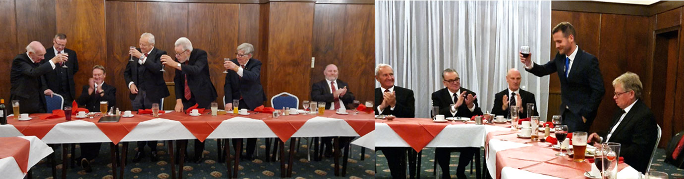 Pictured left: The three principals toast Don. Pictured right: Paul Street replies to his toast. Pictured left: The three principals toast Don. Pictured right: Paul Street replies to his toast.