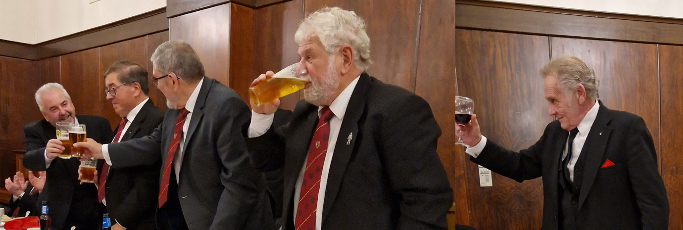 Pictured left: The three principals share ‘beer’ with Chris. Pictured right: John Forshaw toasts the companions.