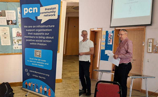 Pictured left: The PCN banner. Pictured right: PCN Communications Officer Tony Dawber (left) and David Parker addressing the event.
