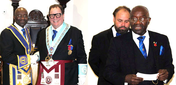 Pictured left: Sylvester (left) congratulating Shaun. Pictured right: Sylvester responding to his toast, with the DC standing behind.