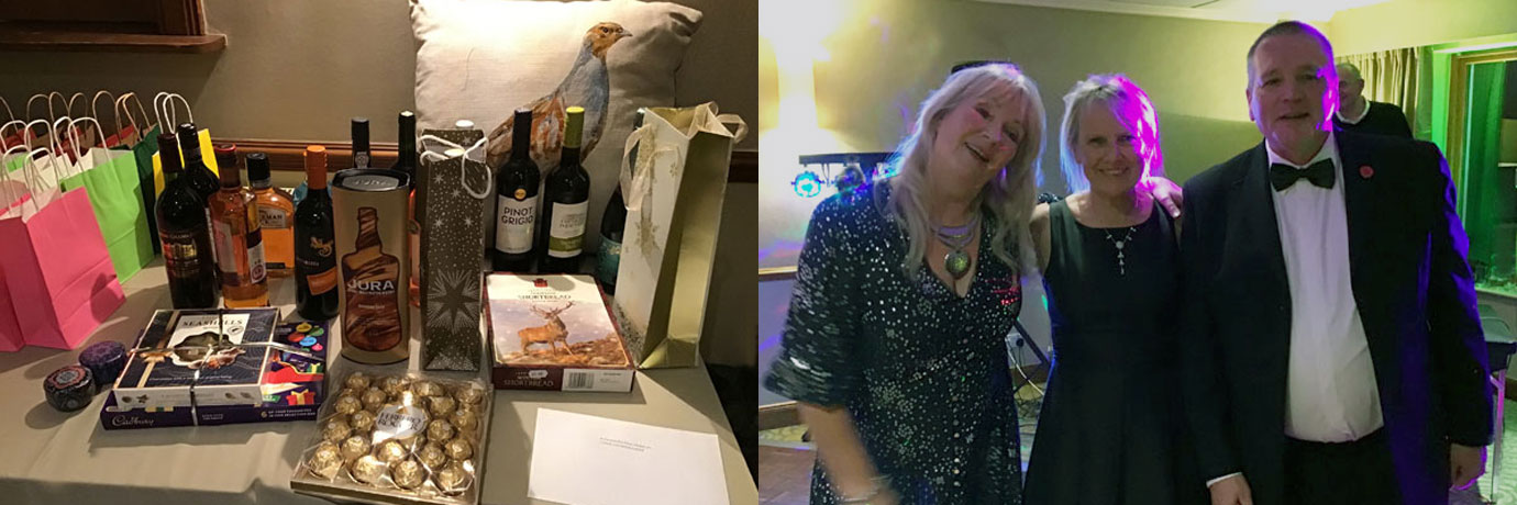 Pictured left: The well stocked raffle table. Pictured right: Dancers pausing for a photo, from left to right, are: Gina Topping, Liz Preston, Colin Preston.