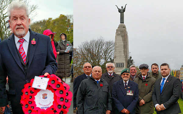 Pictured left: Geoff Crosland lays a wreath. Pictured right from left to right, are: Philip Bolton, John Topping, Dave Barr, Ray Pinkstone, Ian Park, Ian Ward, David Jenkinson and Leon Teale. Pictured left: Geoff Crosland lays a wreath. Pictured right from left to right, are: Philip Bolton, John Topping, Dave Barr, Ray Pinkstone, Ian Park, Ian Ward, David Jenkinson and Leon Teale.
