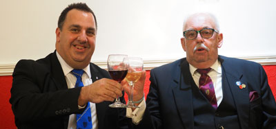 Michael Tax (left) takes wine with Mike Lumby at the festive board. Michael Tax (left) takes wine with Mike Lumby at the festive board.