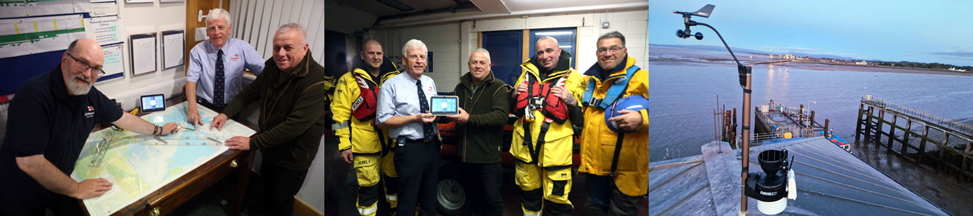 Pictured left studying the Morecambe Bay chart, from left to right, are: David Devereux, David Smith and John Topping (WLMCPSS Publicity Officer). Pictured centre: David Smith (second left) beside John Topping, with the lifeboat crew ready to go out to sea. Pictured right: The weather station mounted on the roof of Fleetwood RNLI.