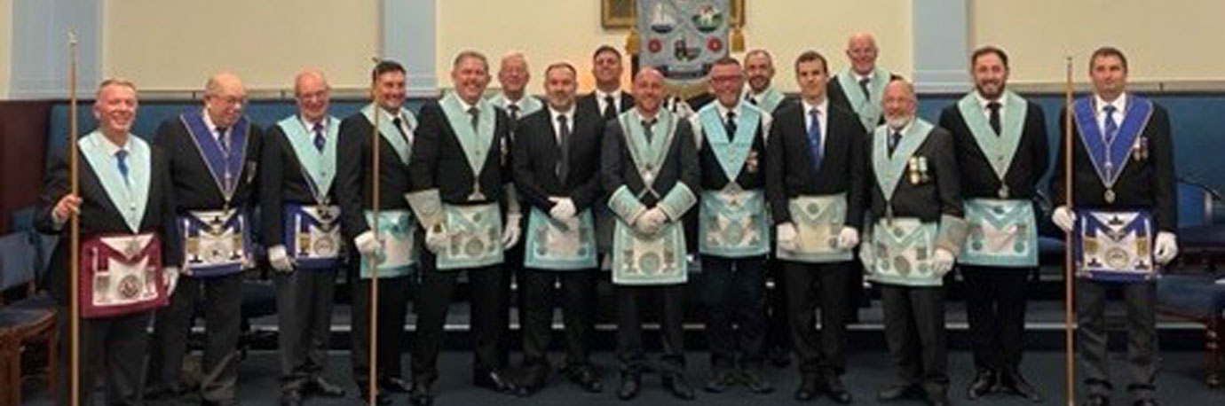 The brethren of West Lancashire Lodge accompanied by Chris Jones (third right, front row).