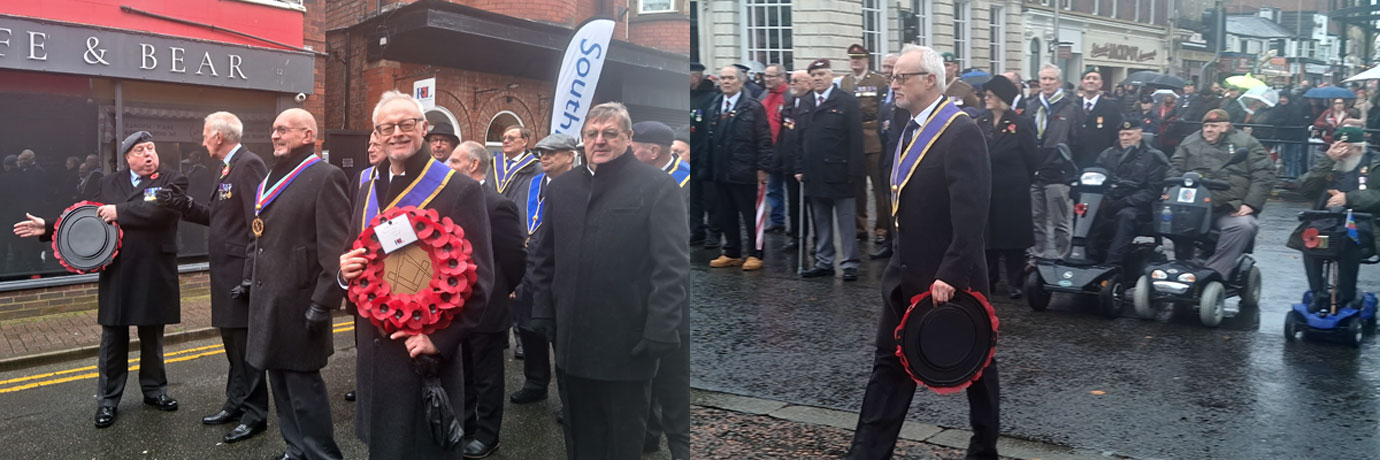 Pictured left: Brethren getting in line for the parade. Pictured right: Phil Stock laying a wreath on behalf of Southport Masons.
