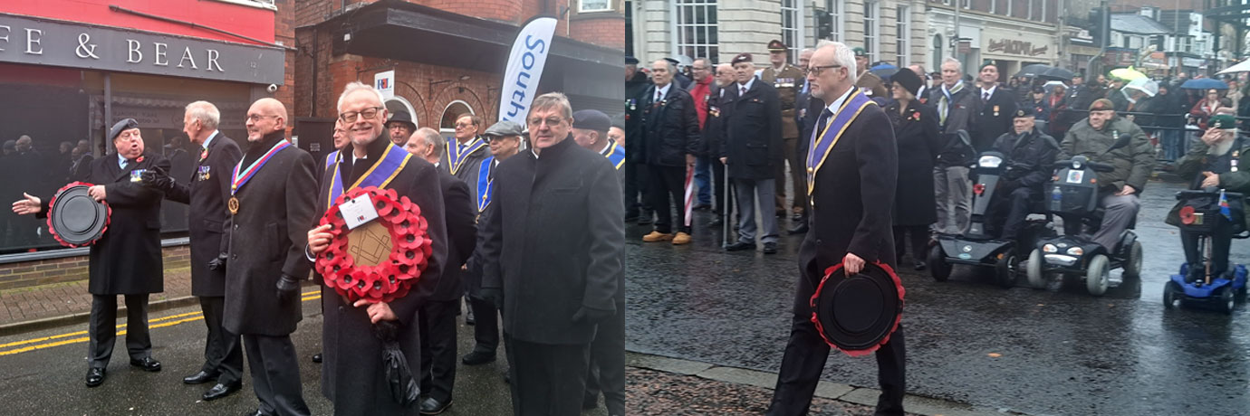 Pictured left: Brethren getting in line for the parade. Pictured right: Phil Stock laying a wreath on behalf of Southport Masons. Pictured left: Brethren getting in line for the parade. Pictured right: Phil Stock laying a wreath on behalf of Southport Masons.