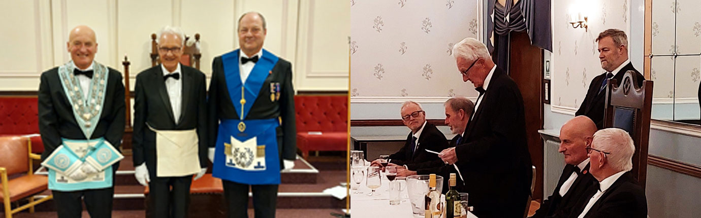 Pictured left from left to right, are: Mark Ball, Ken Barton and Mark Barton. Pictured right: Ken Barton responding to the toast to his health.