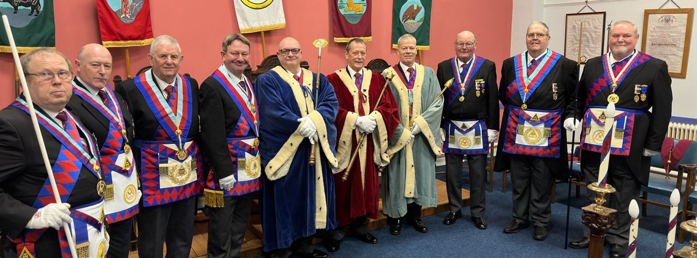 The three principals with grand and Provincial grand officers with Colin Mills (third right).