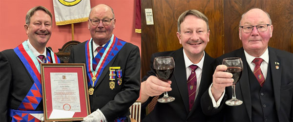 Pictured left: Paul Hesketh (left) presenting Colin with his 50-year certificate. Pictured right: Paul (left) and Colin enjoy a celebratory glass of wine at the festive board.