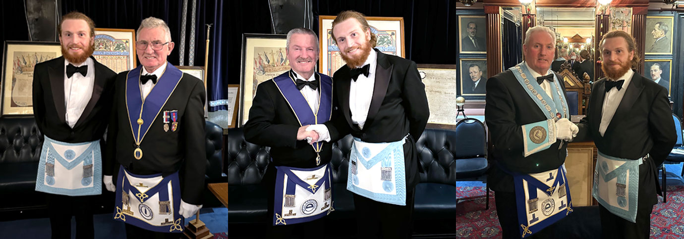 Pictured left: Joe (left) with his proud father Joseph Williams. Pictured centre: Congratulations from Paul Harford to Joe. Pictured right: Peter Wall congratulates Joe on attaining the third degree.