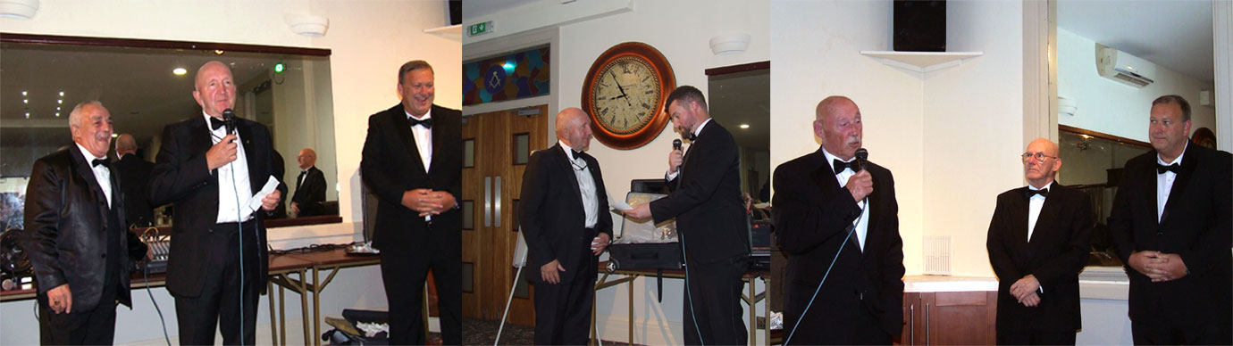 Pictured left from left to right, are: Bill Wenton, Paul May and Graeme Jones. Pictured centre: Paul May (left) receiving the cheque from Adam McGee. Pictured right: Jim Corcoran (left) thanking everyone for their support with James Gwyther (centre) and Graeme Jones. 
