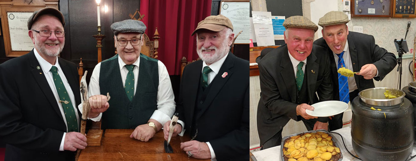 Pictured left: Bob Reeves (right) presents an antler headed beating stick to Bob Malcolm (left) closely watched by Mike Casey. Pictured right: Ian Heyes (left) and Andy McClements helping to serve up the hotpot.
