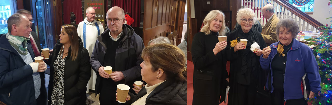Pictured left: Eastwood and Buchanan families enjoying mince pies and hot drinks. Pictured right: Three ladies from the choir enjoying refreshments.