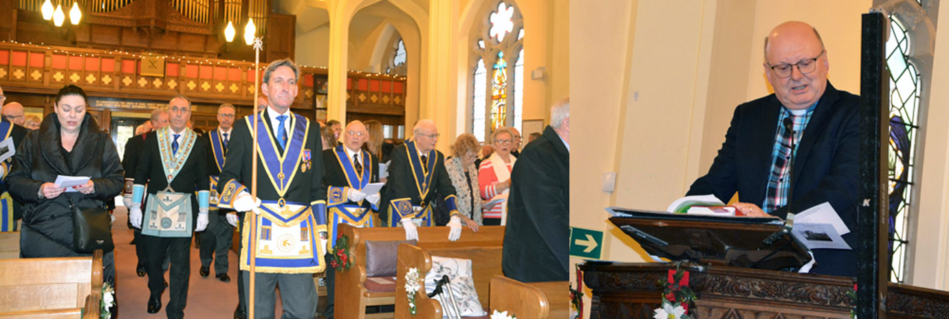 Pictured left: Paul Heaney leads parade into church. Pictured right: Reverend Peter Lyth welcomes congregation.