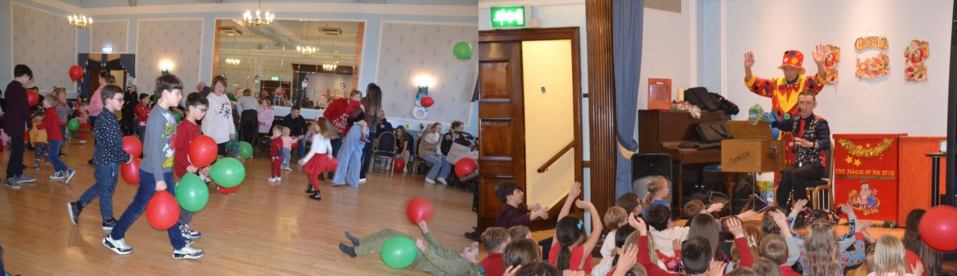Pictured left: Children enjoying themselves. Pictured right: Mr Stix entertaining the children.