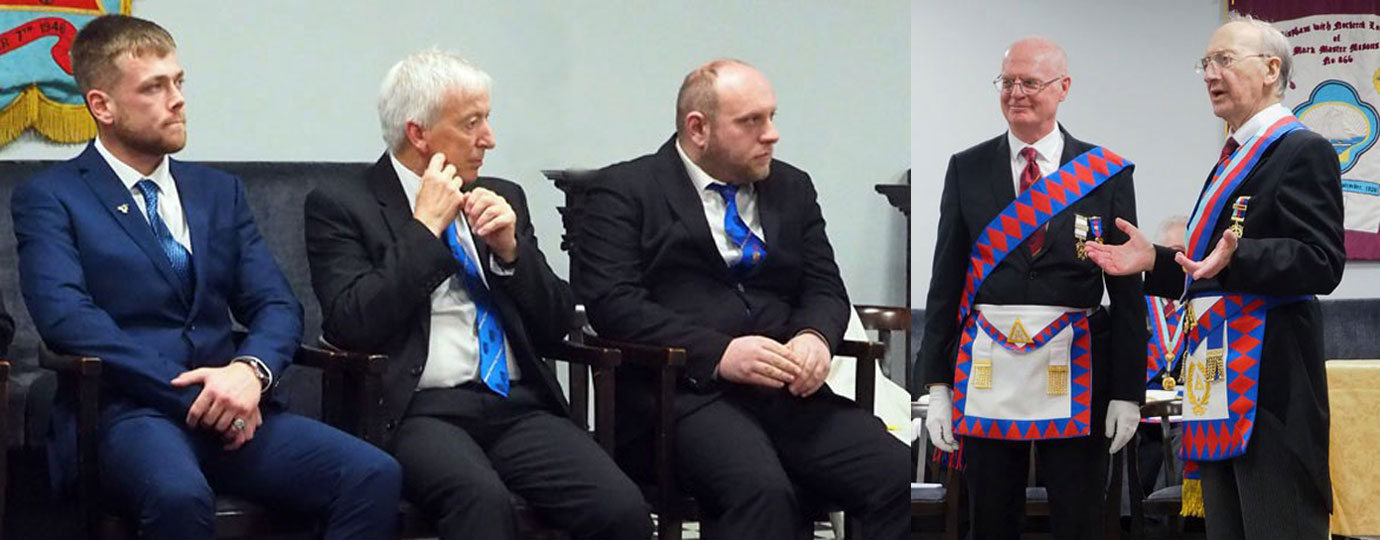 Pictured left: Three master Masons from the Fylde listen intently to David Harrison’s presentation. Pictured right: David Harrison (right) explains the Royal Arch regalia worn by John Farnden.