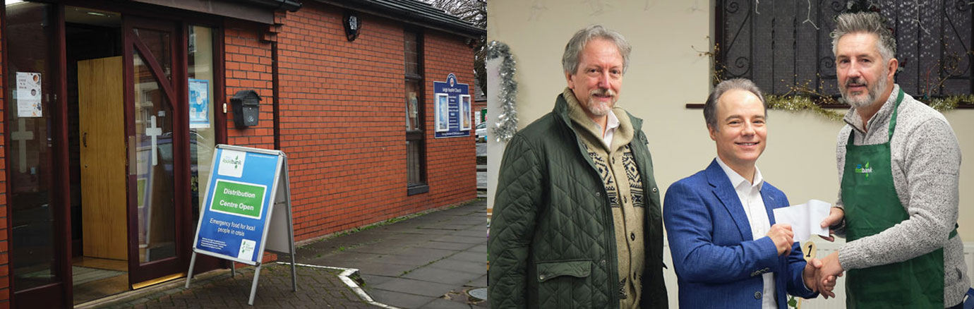 Pictured left: Leigh Baptist Church. Pictured right from left to right, are: David Gordon-Williams, Jonathan Heaton and Warren Dunn.