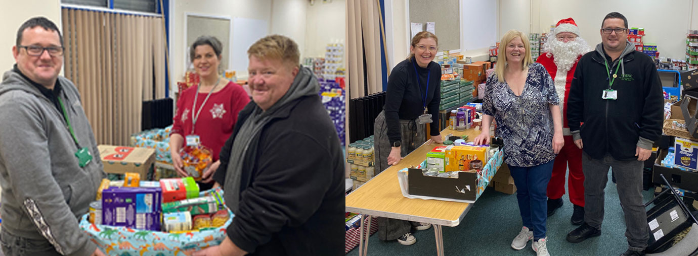 Pictured left: Staff from BNENC putting food hampers together. Pictured right: Staff from BNENC.