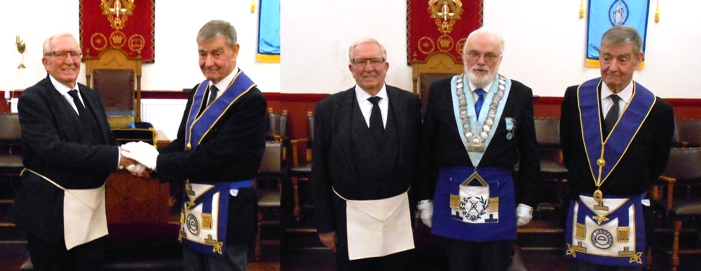 Pictured left: Ernie Brown (left) being congratulated by Paul Smythe. Pictured right from left to right, are: Ernie Brown, David Redhead and Paul Smythe.