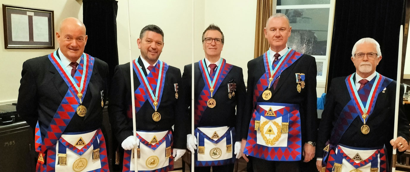 Pictured from left to right, are: The acting Provincial grand officers in attendance; Mark Mellor, Ian Edge, Ian White, Ian Halsall and Paul Brunskill.