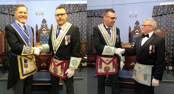 Pictured left: Christopher Taylor (left) welcomed by WM Andrew Prowse. Pictured right: Andrew Prowse puts master elect Arthur White at ease.