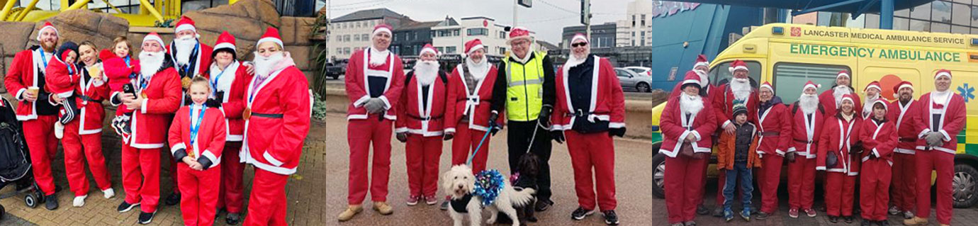 Pictured left and right, are: Santa’s taking part. Pictured centre from left to right, are: Santa’s helpers, Clive Chenery, Martin Poole, John Cross, Jim Gregson and Ian Fell.