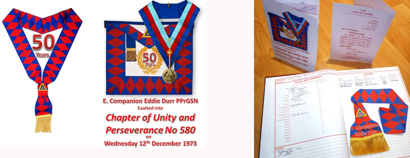 Pictured left: Eddie’s 50 years celebration. Pictured right: Signing in book, summons and card.