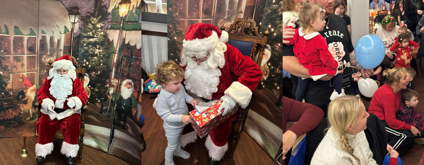 Pictured left: Santa, AKA John Carton. Pictured centre: Luca meets Santa. Pictured right: Enthralled by Santa.