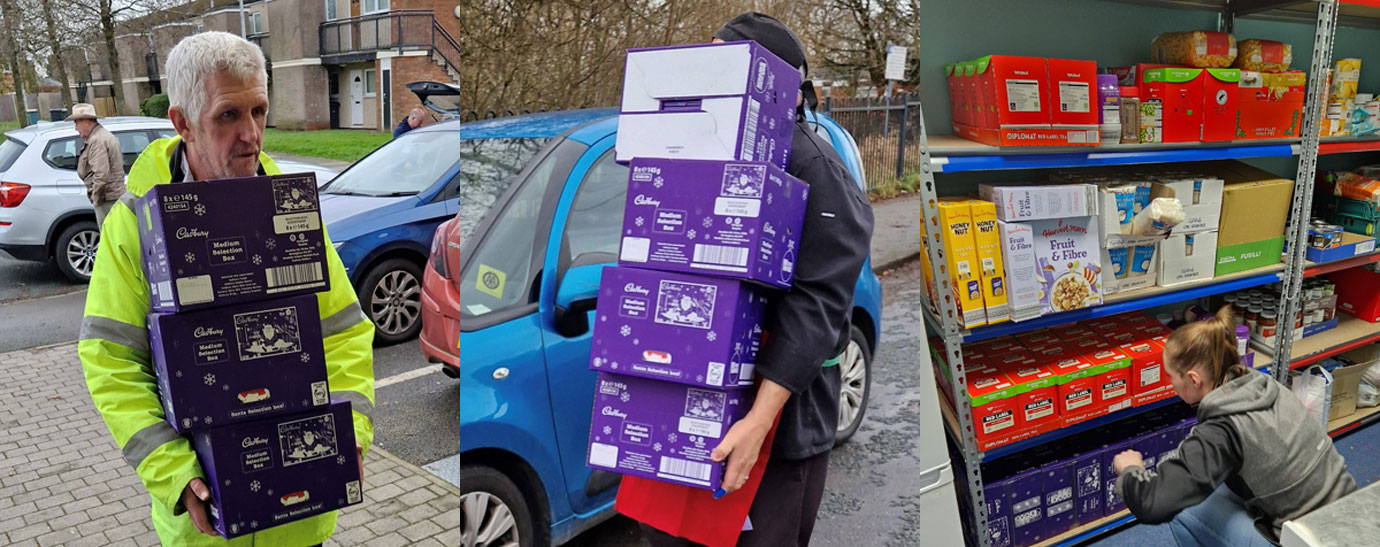 Pictured left and centre: Unloading Christmas donations. Pictured right: A replenished Whitby’s Pantry.
