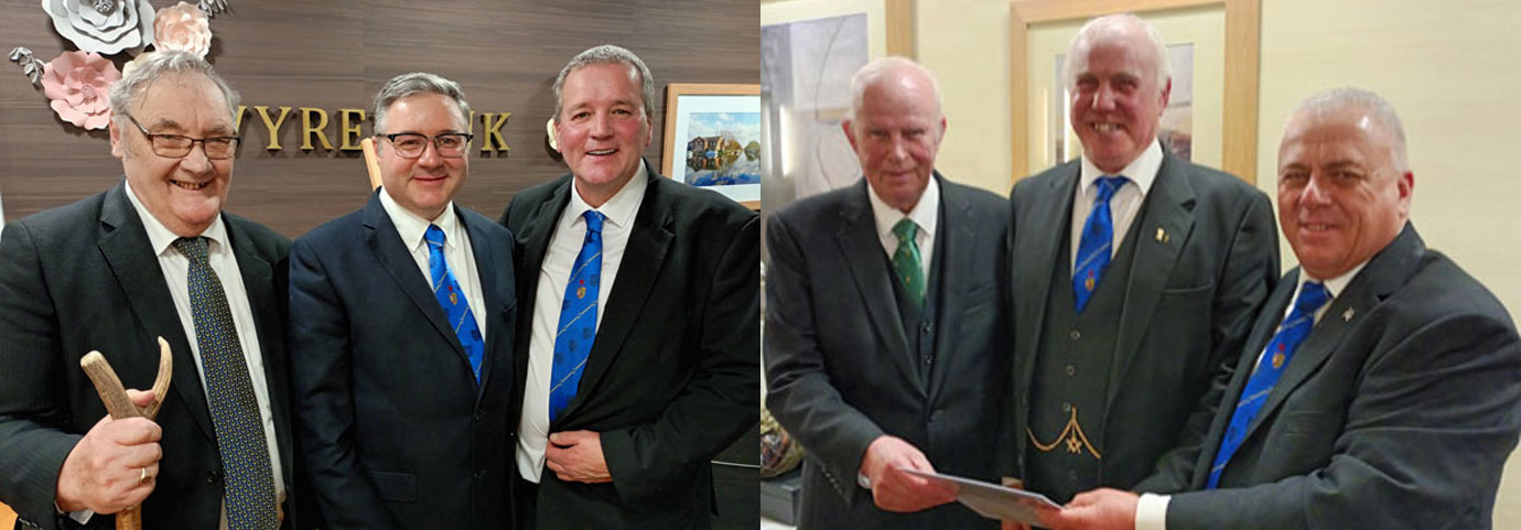 Pictured left from left to right, are: Mike Casey, Colin Hetherington and Colin Preston. Pictured right: The three wise men of the second degree tracing board: Pictured from left to right, are: John Fenton, Ian Heyes and John Topping.