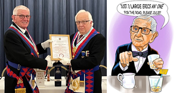 Pictured left: Bryan Henshaw being presented with his Patent and congratulated by Malcolm Alexander. Pictured right: Caricature of Bryan.
