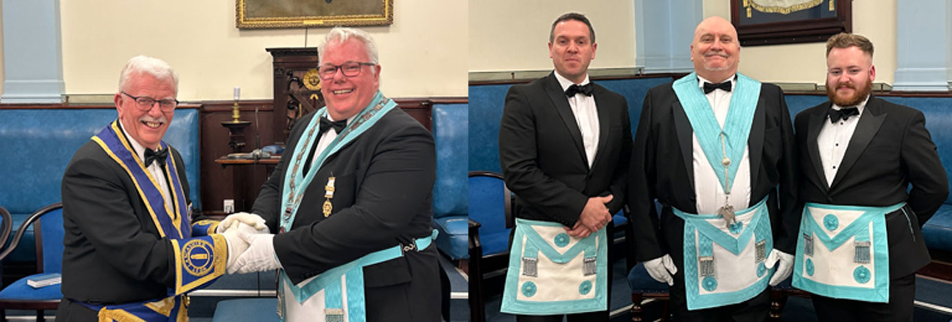 Pictured left: WM David Murphy (right) with installing master Geoff Jackson. Pictured right: The working tools brethren, from left to right, are: Carl McNulty, Larry Blundell, Jacob Howell.
