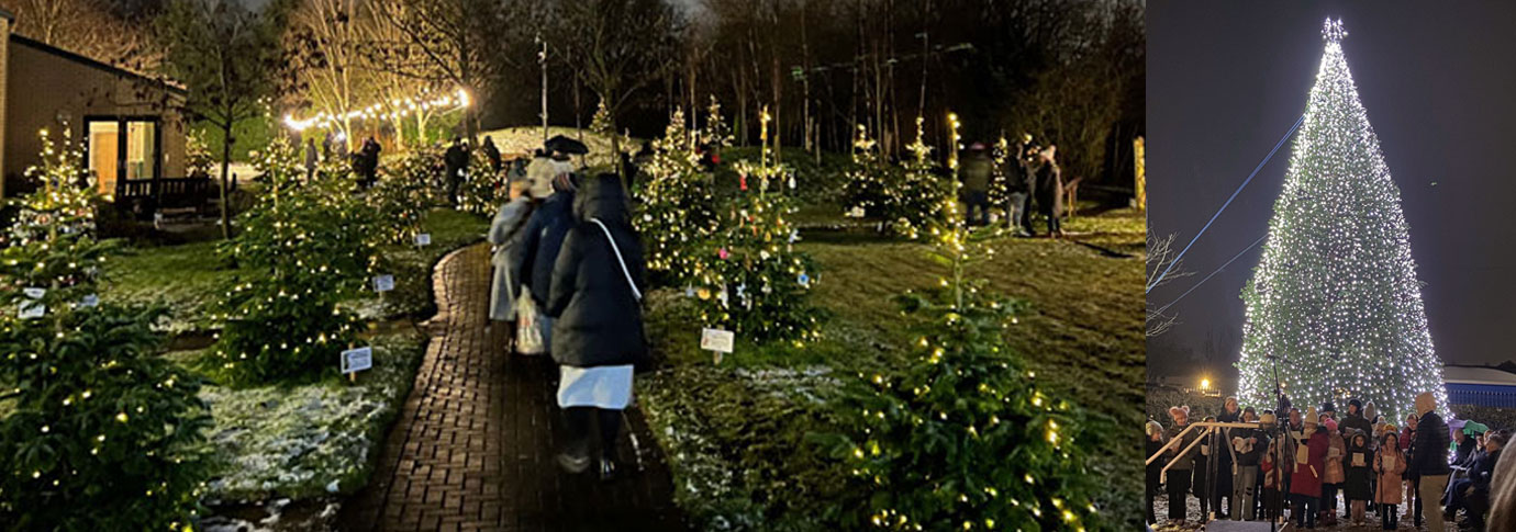  Pictured left: Wigan and Leigh Hospice decorated gardens. Pictured right: Performers in front of the magnificent tree